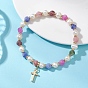 Браслеты с подвесками в виде креста из латуни, Натуральные многоцветные браслеты из турмалина и пресноводного жемчуга, эластичные, для женщин.