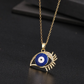 Geometric Devil Eye Pendant Gold Plated Lock Necklace with Blue Eye Stone and Zirconia for Women