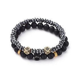 Ensembles de bracelet extensible, Bracelets en perles d'hématite synthétique non magnétiques et bracelet en perles d'agate noire naturelle (teinte), avec des perles de zircon cubique en laiton et des perles d'espacement et une boîte à bijoux