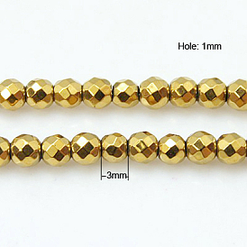 Non-magnétiques perles d'hématite synthétique brins, ronde, or, 3mm, Trou: 1mm
