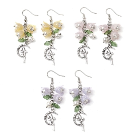 3 Pairs 3 Colors Shell Pearl Beads & Imitation Jelly Acrylic Dangle Earrings, with Alloy Moon & Fairy Pendants & 316 Surgical Stainless Steel Earring Hooks, Antique Silver & Stainless Steel Color