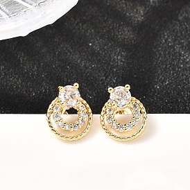 Плоские круглые серьги-гвоздики из латуни с микропаве и цирконием, без кадмия и без свинца