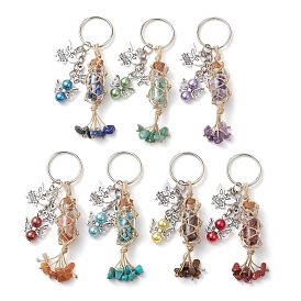 7 pcs 7 styles porte-clés de bouteille de souhait de pierres précieuses, avec porte-clés fendus en fer et perles acryliques imitation perle, ange