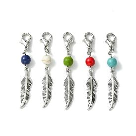 Alloy Feather Pendant Decorations, with Dyed Synthetic Turquoise Beads and Alloy Lobster Claw Clasps