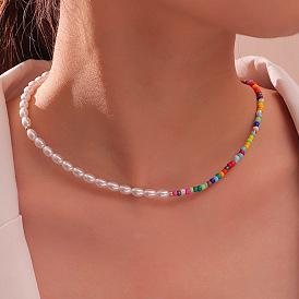 Colorful Pearl Rice Bead Necklace with Simple and Elegant Countryside Style