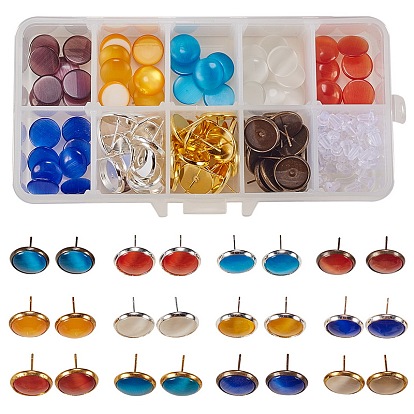 DIY Earring Making, with Cat Eye Cabochons, Brass Stud Earring Findings and Clear Plastic Ear Nuts