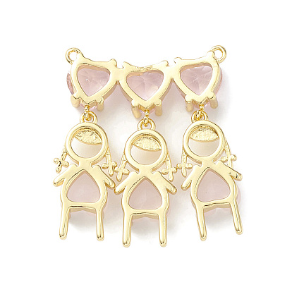 Rack Plating Brass Pendant, with Pink Glass, Lead Free & Cadmium Free, Triple Girl Charms