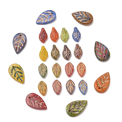 Handmade Lampwork Pendants, Leaf Charms, Golden Metal Enlaced