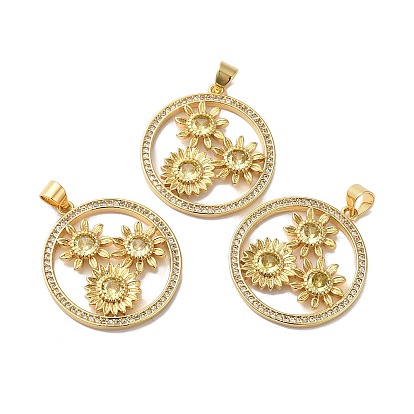 Rack Plating Brass Pave Cubic Zirconia Pendants, Lead Free & Cadmium Free, Real 18K Gold Plated, Long-Lasting Plated, Flat Round with Flower Pattern Charm