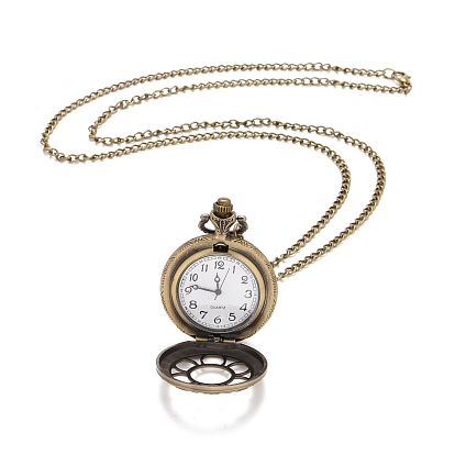 Ретро сплава открываться кварц карманные часы кулон ожерелье, с железными цепочками, 30.7~32.3 дюйм, Циферблат часов: 50~52.5x39~40x13~15.5 мм, лицо часов : 28 мм