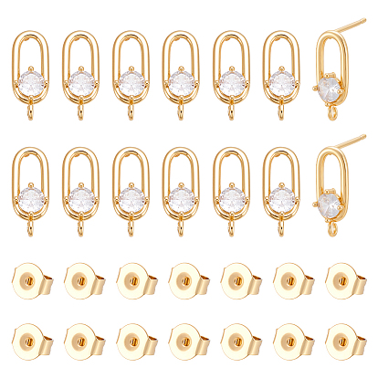 14шт. фурнитура для сережек-гвоздиков из латуни с прозрачными кубическими циркониями, с петлей, 14 шт. 304 гайки ушные из нержавеющей стали, без никеля , овальные