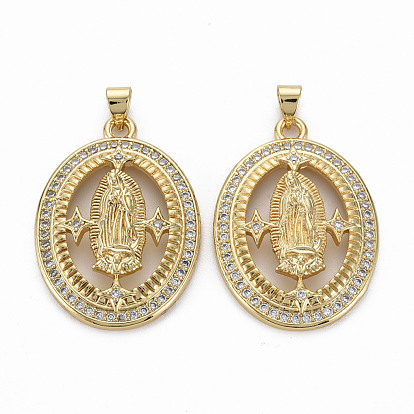 Brass Micro Pave Clear Cubic Zirconia Pendants, Nickel Free, Oval with Virgin