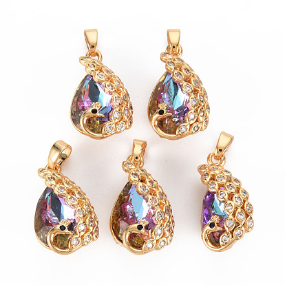 Placage de crémaillère en laiton micro pavé breloques en zircone cubique claire, Avec un verre faceté, plaqué longue durée, sans cadmium et sans plomb, paon