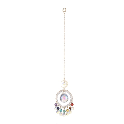 Natural Gemstone Bead Pendant Decorations, Suncatchers Hanging, with Teardrop/Octagon Glass Pendants and Moon Brass Link