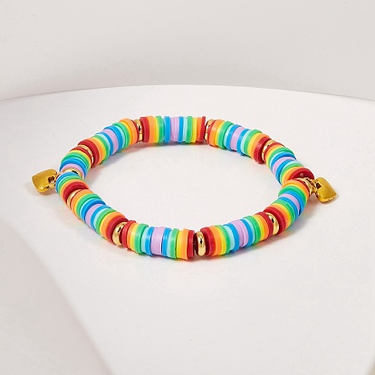 Stretch Charm Bracelets Sets, with Handmade Polymer Clay Heishi Beads and Brass Spacer Beads and Alloy Pendants