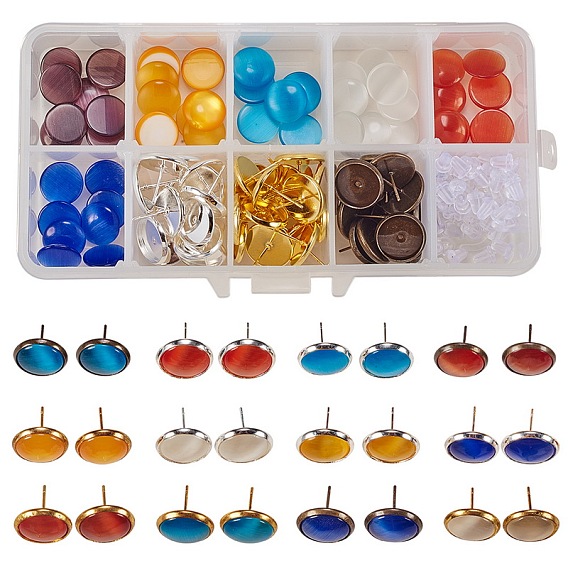 DIY Earring Making, with Cat Eye Cabochons, Brass Stud Earring Findings and Clear Plastic Ear Nuts