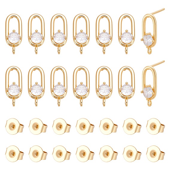 14шт. фурнитура для сережек-гвоздиков из латуни с прозрачными кубическими циркониями, с петлей, 14 шт. 304 гайки ушные из нержавеющей стали, без никеля , овальные