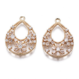 Brass Micro Pave Clear Cubic Zirconia Pendants, Long-Lasting Plated, Cadmium Free & Lead Free, Teardrop with Snowflake