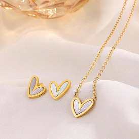 Ensembles de colliers et boucles d'oreilles à pendentif en forme de cœur en acier inoxydable et coquillages naturels
