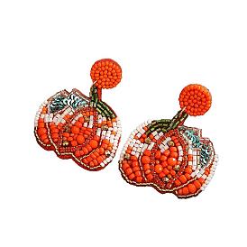 Pumpkin Pattern Glass Bead Handmade Stud Earrings for Halloween