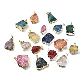 Raw Rough Natural Dyed Quartz Crystal Pendants, Nuggets Charms, with Brass Findings