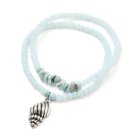 Stretch Bracelets Sets, Stackable Bracelets, with Shell Shape Alloy Pendants, Rondelle Glass Beads, Natural Larimar & Turquoise(Dyed) Beads, Antique Silver