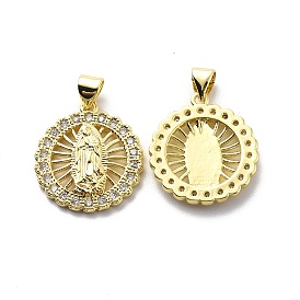 Brass Micro Pave Clear Cubic Zirconia Pendants, Flat Round with Virgin Mary Pattern Charm, Religion Theme