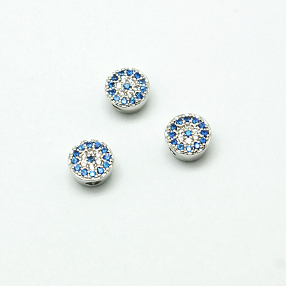 Flat Round Brass Micro Pave Cubic Zirconia Beads, Lead Free & Nickel Free & Cadmium Free, 7x4mm, Hole: 2mm