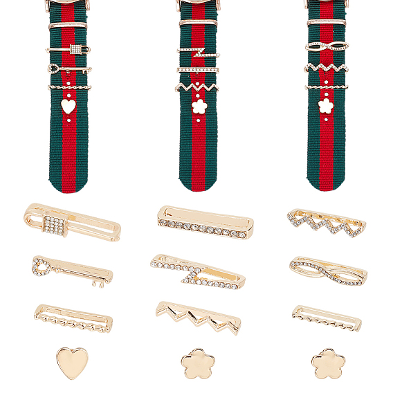 12шт 12 стиль волна & цветок & сердце & замок & ключ сплава стразы браслет для часов набор подвесок, ремешок для часов декоративные кольца петли