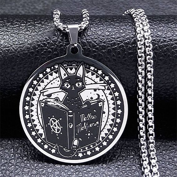 304 Stainless Steel Enamel Witch Cat with Book Pendant Necklaces, Box Chains Necklaces for Women Men