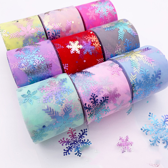25 mètres de ruban de maille déco en polyester de Noël, tissu de tulle de flocon de neige de marquage à chaud, pour la fabrication de nœuds papillon