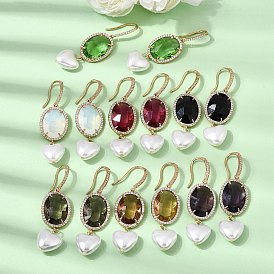 Латунь микро проложить кубического циркония серьги мотаться, Сердце и овальные, со стеклом и абс-пластиковым жемчугом, стойки покрытие, долговечный, без кадмия и без свинца, реальный 18 k позолоченный