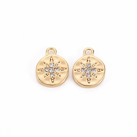Brass Micro Pave Clear Cubic Zirconia Charms, Nickel Free, Flat Round with Star