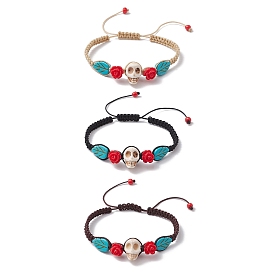 3Pcs 3 Colors Adjustable Synthetic Dyed Turquoise & Magnesite Braided Bead Bracelets, Halloween Skull & Leaf & Flower Bracelets for Women