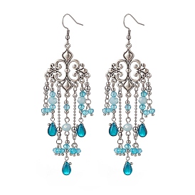 Glass Teardrop Tassel Chandelier Earrings, 316 Surgical Stainless Steel Long Drop Earrings for Women