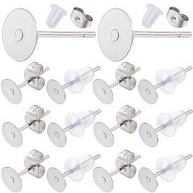 300 шт. 304 нержавеющая сталь плоская круглая пустая сережка штифт, серьги-гвоздики с плоской подушечкой и кабошоном, с ушными гайками 600 шт.