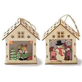 Christmas Theme Wood House Hanging Ornaments, with Electromagnetic Light