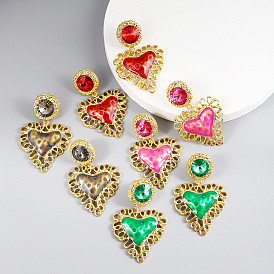 Romantic Vintage Palace Style Metal Lace Earrings with Colorful Heart-shaped Gemstone Drops for Valentine's Day Decoration