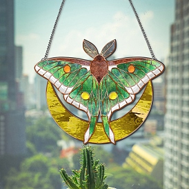 Acrylic Moth with Moon Hanging Ornaments, for Home Window Decorations, with Iron Chain and Suction Cup