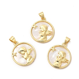 Rack Plating Brass with Shell Pendants, Flat Round with Angel Charms, Cadmium Free & Lead Free
