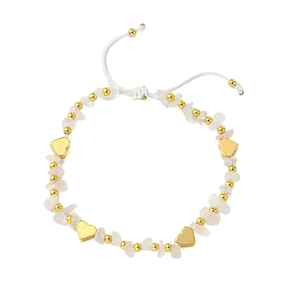 Natural Rose Quartz Chip & Heart Brass Braided Bead Bracelets, Adjustable Nylon Cord Bracelets for Women
