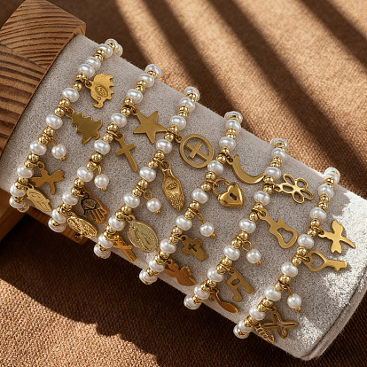 304 из нержавеющей стали шарм браслеты, Регулируемые браслеты для женщин из латуни и пластика с круглыми бусинами, имитирующими жемчуг.