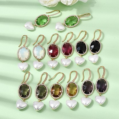 Латунь микро проложить кубического циркония серьги мотаться, Сердце и овальные, со стеклом и абс-пластиковым жемчугом, стойки покрытие, долговечный, без кадмия и без свинца, реальный 18 k позолоченный