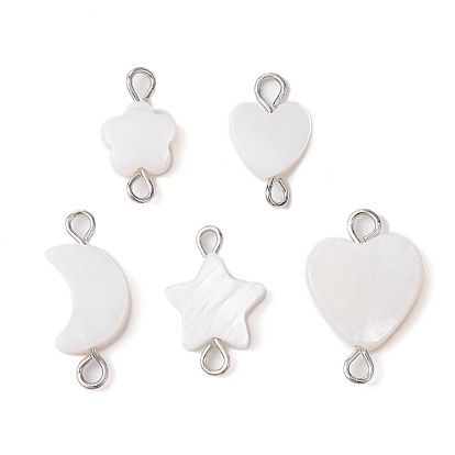 Natural Freshwater Shell Connector Charms, with Metal Double Loops, Star & Moon & Heart, Mixed Shapes