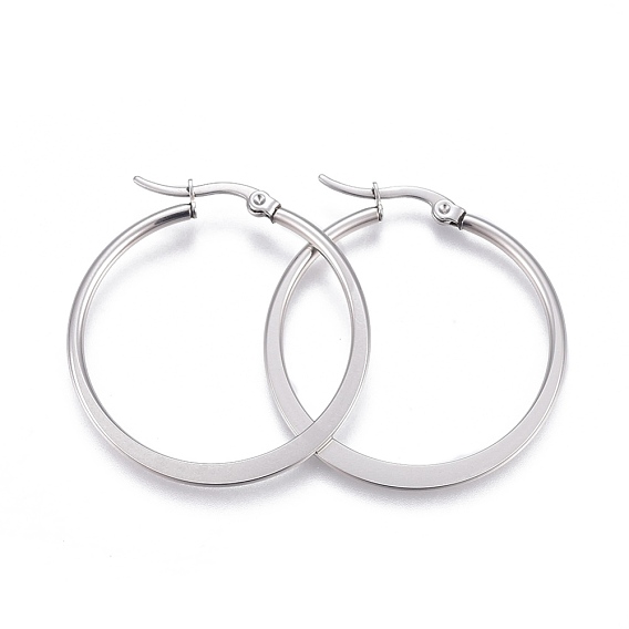 201 Stainless Steel Hoop Earrings, with 304 Stainless Steel Pin, Hypoallergenic Earrings, Flat Ring Shape