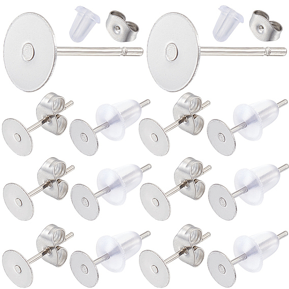 300 шт. 304 нержавеющая сталь плоская круглая пустая сережка штифт, серьги-гвоздики с плоской подушечкой и кабошоном, с ушными гайками 600 шт.