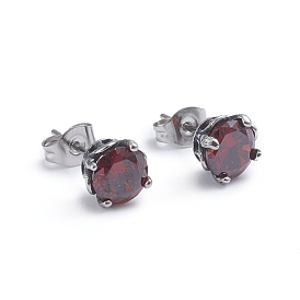 Retro 304 Stainless Steel Stud Earrings, with Cubic Zirconia and Ear Nuts, Flower, Red