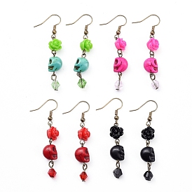 Halloween Synthetic Howlite Skull Dangle Earrings, with Resin Rose Flower, Glass Bicone Beads and Antique Bronze Plated Brass Earring Hooks