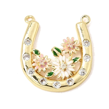 Brass Micro Pave Clear Cubic Zirconia Connector Charm, Horseshoe with Flower Links, with Enamel