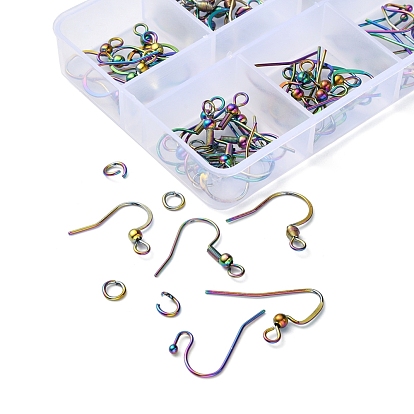 50Pcs 5 Style Ion Plating(IP) Rainbow Color 304 Stainless Steel French & Flat Earring Hooks, with Beads, with 50Pcs Open Jump Rings